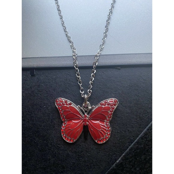 Silver Red Crystal Rhinestone Cubic Zirconia CZ Gemstone Butterfly Necklace - Picture 4 of 5